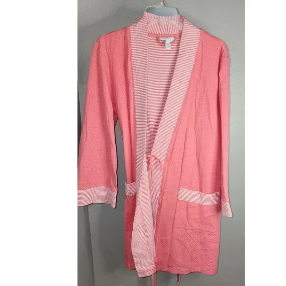 Charter Club Pink & White Polka Dot & Striped Bathrobe Size L - Picture 5 of 5